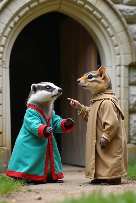 Low Angle shot.
A terrified badger dressed in a turquoise robe with red trim stands beside an open  front door under a old whiteish arch to an old English Abbey. He is pointing his finger to a very tall chipmunk dressed as a medieval monk in a beige habit....