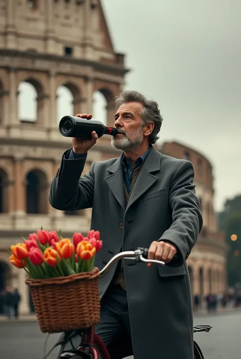 Man in gray overcoat ,  with a bottle of wine in his hand drinking straight from the bottle,  riding a bicycle with tulips in the front basket,  standing in front of the Roman Colosseum  