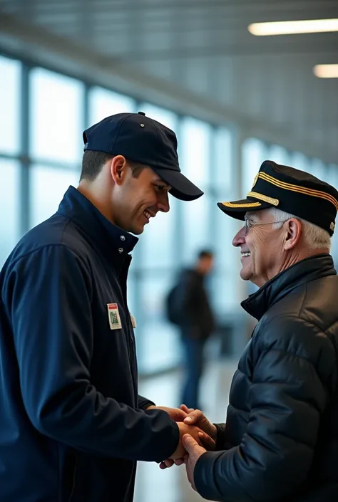  I will write a detailed prompt that captures the key elements of This image for an image generation with AI .

"A scene at an airport ,  in the foreground a young airline worker in a navy blue uniform and cap bends down to talk to a senior war veteran wea...