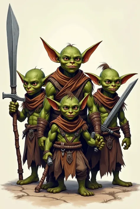  Generate an image in a drawing version with colors of five goblins that look funny, That they are good for a role-playing game and that there is distance between them, don't put weapons on them, only the goblins