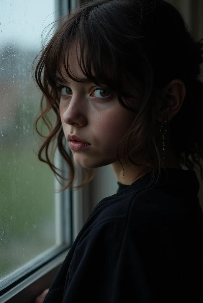 C'est une fille de 14 ans,  the wavy dark brown hair that's wet and that reaches up to her chest.  She has dark brown eyes .  Hanging earrings .  She is sideways towards a window where it's raining outside .  An air of despair is on her eyes , As if lost ,...