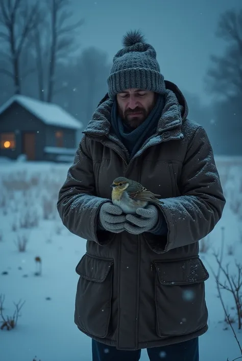 :
"A cold winter night with heavy snowfall. A kind farmer wearing warm clothes finds an injured, shivering bird lying on the snowy ground. The bird is small and weak, with a slightly injured wing. The farmer gently holds the bird in his hands, wrapping it ...