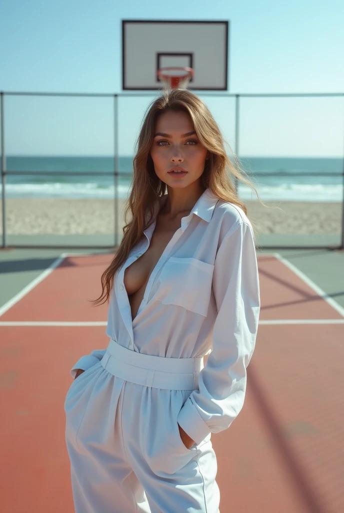 Arafed woman in white shirt and pants on urban basketball court,  portrait Sophie Mudd , angelina stroganova, Olga Buzova, Yelena Belova,  sexy girl,  Instagram model  , Dasha Taran,  Julia Razumova style ,  Anna Nikonova aka Newmilky ,  posing on a beach ...