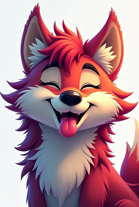 Furry headshot art, wolf with closed mouth, sticked tongue, cartoony style. Colorful fur and hair