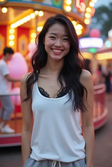 A cheerful and beautiful Asian woman with G-cup breasts long, silky black hair, styled with soft waves. She is dressed in a black lace bras underneath an oversized, full-length opaque white basic rounded squared neck tank top with light gray sweat pants an...