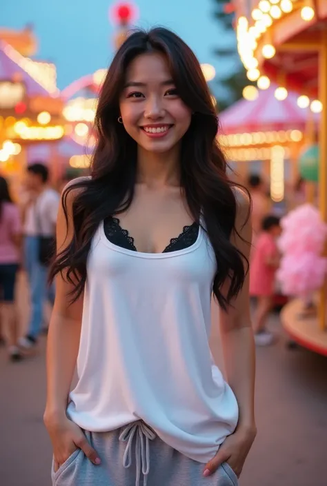 A cheerful and beautiful Asian woman with G-cup breasts long, silky black hair, styled with soft waves. She is dressed in a black lace bras underneath an oversized, full-length opaque white basic rounded squared neck tank top with light gray sweat pants an...