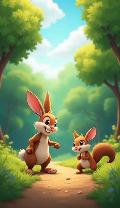  "In a beautiful jungle, a rabbit and a squirrel are starting a race. The rabbit is looking ahead with a confident expression, while the squirrel is calmly focused. Surrounding them are green trees and soft grass."