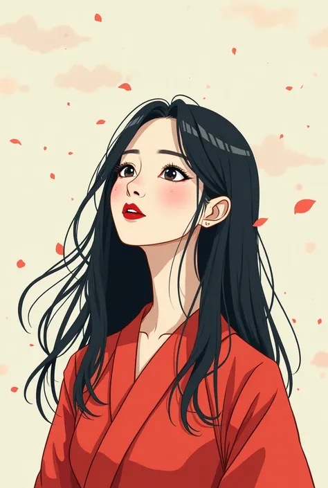 Japanese white woman with red lips looking at the sky wearing flat red kimono and loose black hair cartoon style