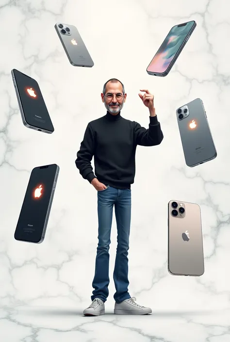 An elegant and luxurious marble background with soft white and gray veining. Steve Jobs, depicted in a sleek caricature style, stands prominently at the center. He wears his iconic black turtleneck sweater, classic blue jeans, and minimalist sneakers. His ...