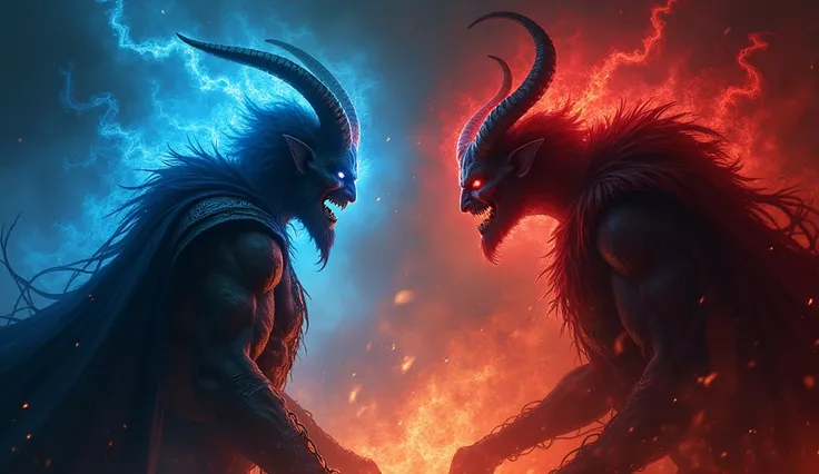  An intense rap battle in the infernal style :  two iconic Daemons face to face in a dark and mystical setting . on one side, Gaap with a confident expression ,  dressed in infernal diplomat costumes ,  emanating an aura of power and eloquence ,  with blue...