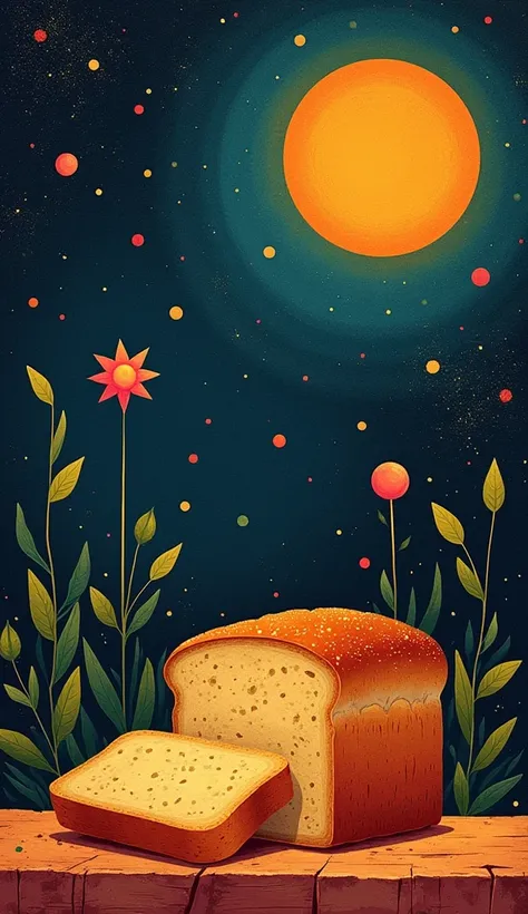 A loaf of bread  、Abstract shapes 、 , colorful circles sparkle 、 starry sky、  Small plants grow out of a dreamlike atmosphere、 effects of surrealism  、  light reflected on bread and sparkles  、Modern art、  warm tones, warm colors  。