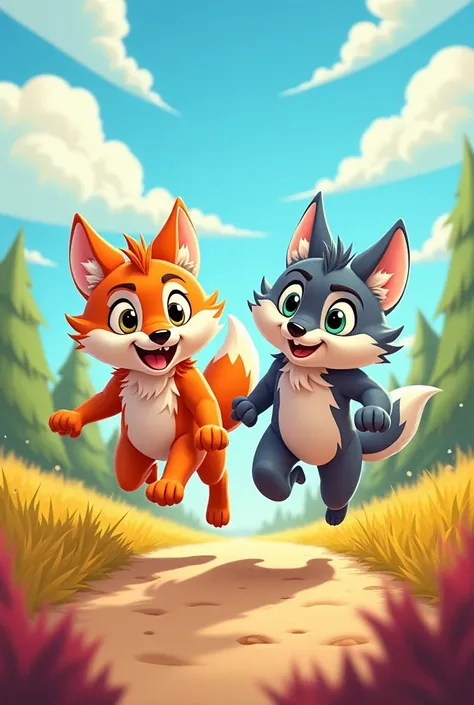 Cartoony wolf running with his friend wolf. Full body