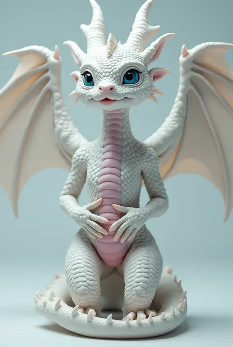 A white dragon girl with dragon wings protruding from her back and blue eyes, her body covered in white dragon scales.   Opening my legs to reveal my pink vagina