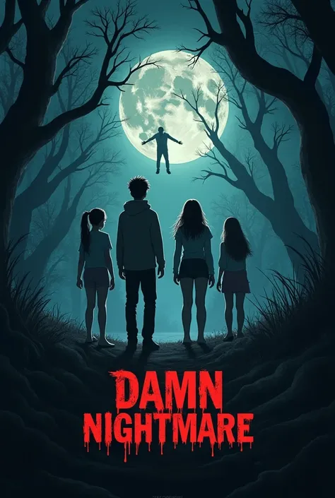 Une affiche de film pour un film d'horreur racontant un groupe de 4 adolescents, 2 gars et 2 fille, qui tombe de nuit sur une fille morte possédé et désarticulé. Le nom du film c'est damn nightmare 