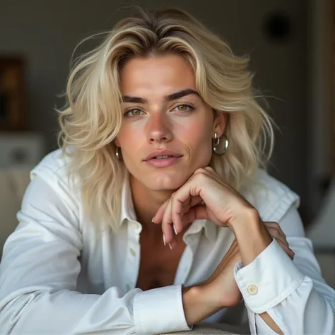 A young, captivating male with a soft beauty exudes an effortless elegance. His long bleach-blonde hair, thick and wavy, is styled in a sleek undercut,.faded sides with with ends gently falling to his lower lip. The hair frames his delicate features, softe...