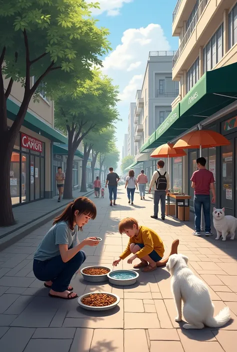 Create a realistic image of an urban setting,  such as a quiet square or sidewalk ,  with people placing food and water containers for stray animals.