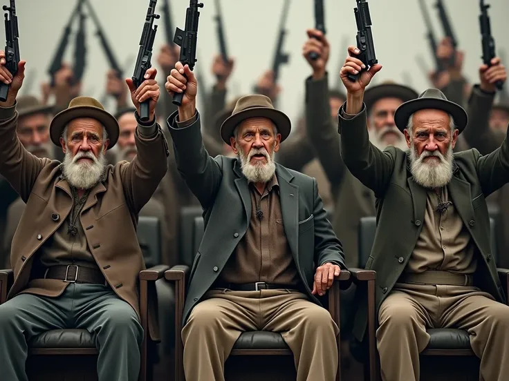 many old mans and wearing hat and siting in chair and hands up above head with ak 47 gun