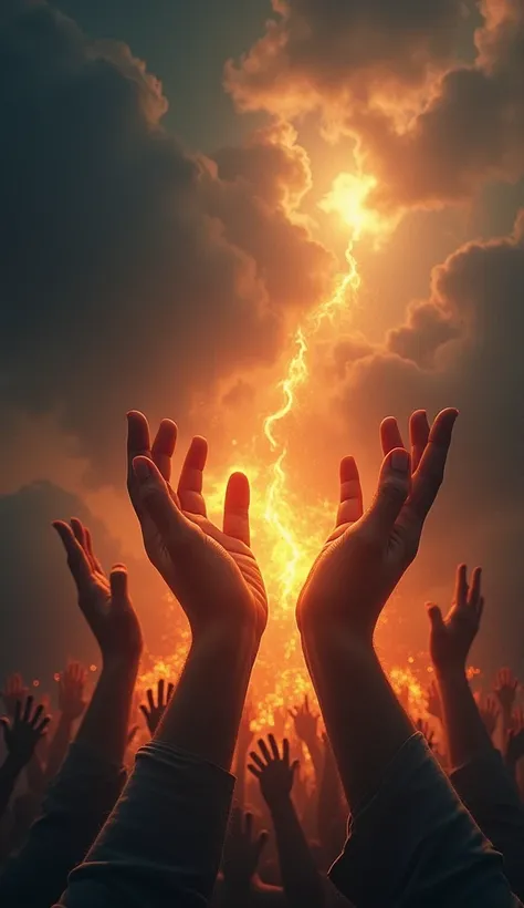 Human hands trying to escape a storm of fire and darkness,  while a distant beam of light breaks through clouds ."
Instruction for SeeArt AI : "Draw raised human hands ,  trying to escape a storm of fire and darkness . In the background,  a beam of light b...