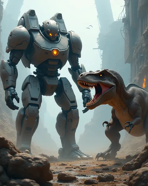 Robot and Dinosour in one picture  look each other with angry