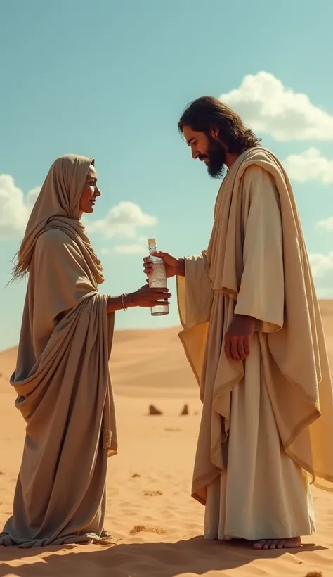 photorealistic, highly detailed, Jesus offering water to a , holding a bottle, desert setting with blue sky, warm and compassionate atmosphere, realistic expressions, cinematic composition, soft natural lighting, ultra-realistic, 8K, high-definition, stunn...