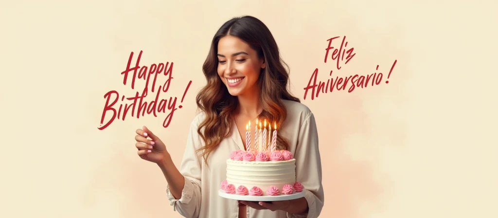 Create a beautiful and stylized birthday card where a happy woman appears erasing candles from a cake and above her the image of well deleted, almost transparent, as if blessing the woman. Use the phrase "Feliz Aniversario" on the card. Background of the i...