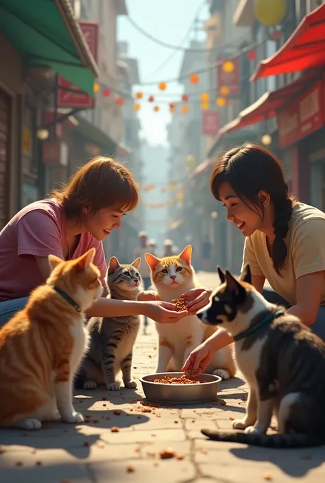 Create a realistic image of street animals(cats, dogs) in an urban environment for an animal cause project and people feeding them