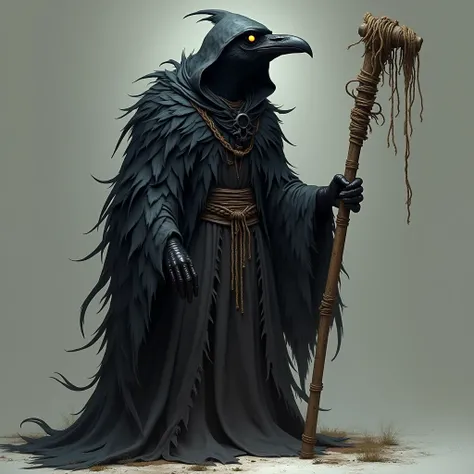 A realistic raven-man wizard, tall and imposing, with a dark, ominous presence. His feathered body is covered in sleek black plumage, and his face is mostly hidden beneath a tattered hooded robe, with only his sharp black beak and glowing eyes barely visib...