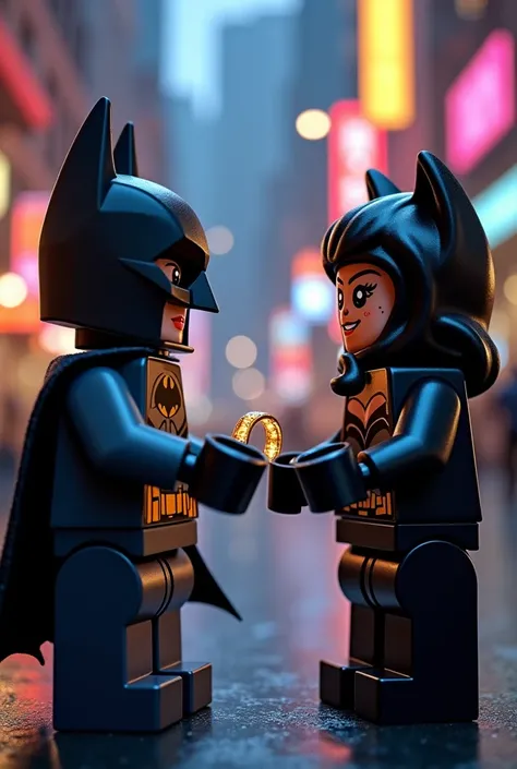 batman giving  small gold ring to catwoman in lego style. ( make catwoman look like feminine 