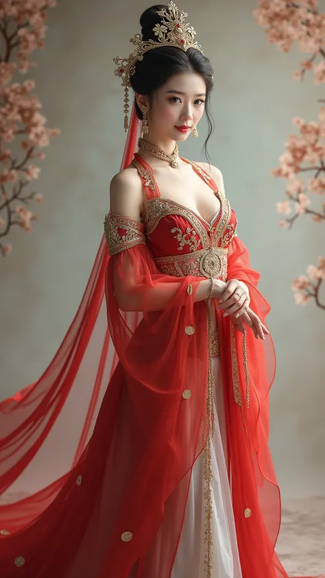 Beautiful queen ,  dressed in a graceful Han Dynasty era Chinese empress dress, posing wheeling style .