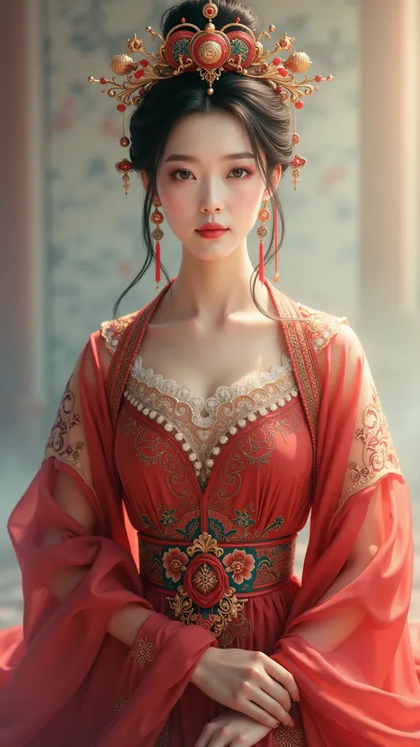 Beautiful queen ,  dressed in a graceful Han Dynasty era Chinese empress dress, posing wheeling style .