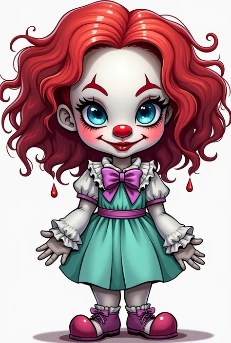 In a cartoon drawing style do A female clown with blood and gore and red chin length poofy hair, bright blue eyes, white skin, pink cheeks, a red clown nose, and a white and mint green clown outfit with a lilac colored purple bow, make scarey 