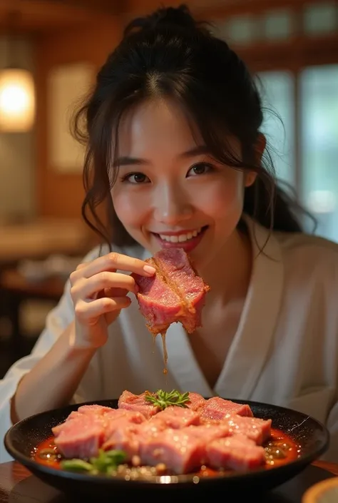 Japanese woman eating yakiniku deliciously with a smile