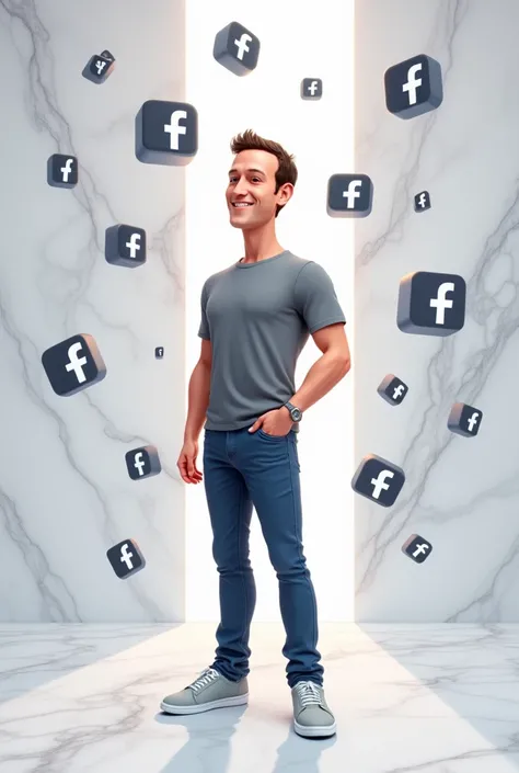 An elegant and luxurious marble background with soft white and gray veining. Mark Zuckerberg, depicted in a sleek caricature style, stands prominently at the center. He wears his iconic gray t-shirt, classic blue jeans, and minimalist sneakers. His pose ex...