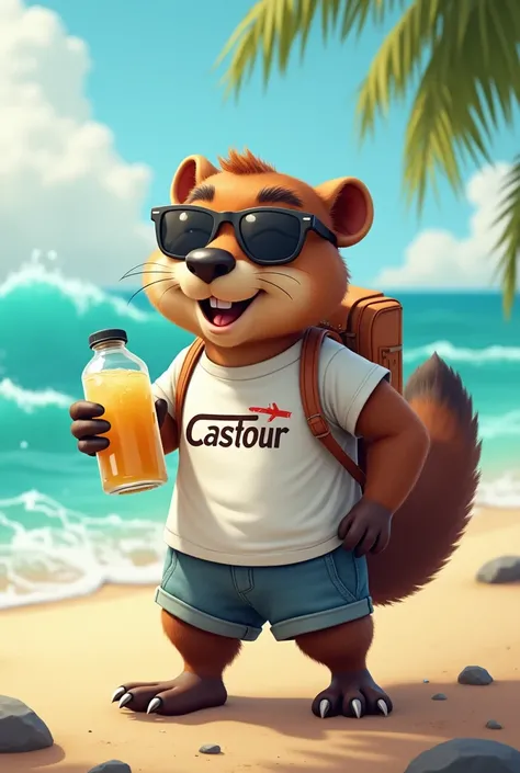 A beaver traveling to the beach that has a shirt that says Castour and has the logo of an airplane and the t-shirt is white and with coconut water in its hand 