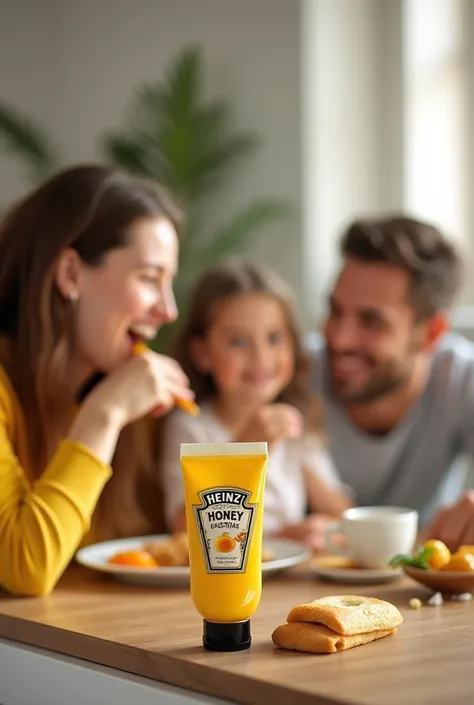  Create an image with a tube of the same tube model used by the brand Heinz,  same model as mayonnaise, used in Brazil, unlabeled, containing honey , plastic, transparent and black cap, being consumed by a happy family, At the breakfast table.