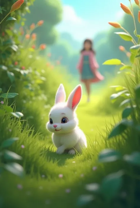 Animated white bunny is hiding and a  is walking in the distance