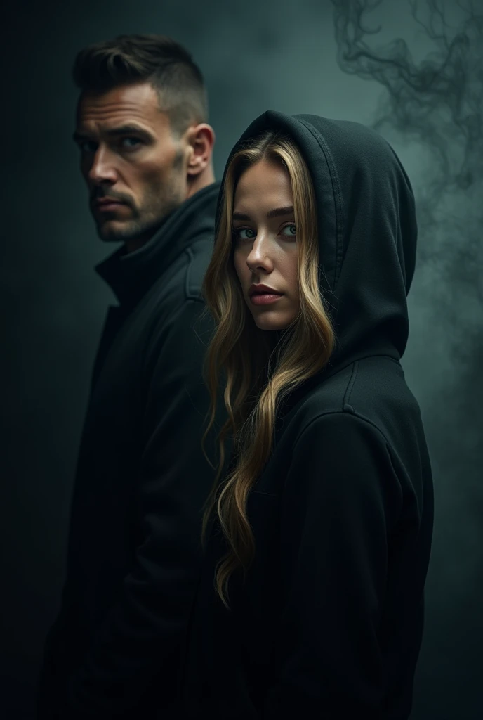 Create a profile shot of a couple in a dark, moody setting. The woman, with long, wavy blonde hair cascading beneath a black hoodie, stands in the foreground. Her captivating hazel-green eyes peer through dramatic shadows, her expression a mix of strength ...