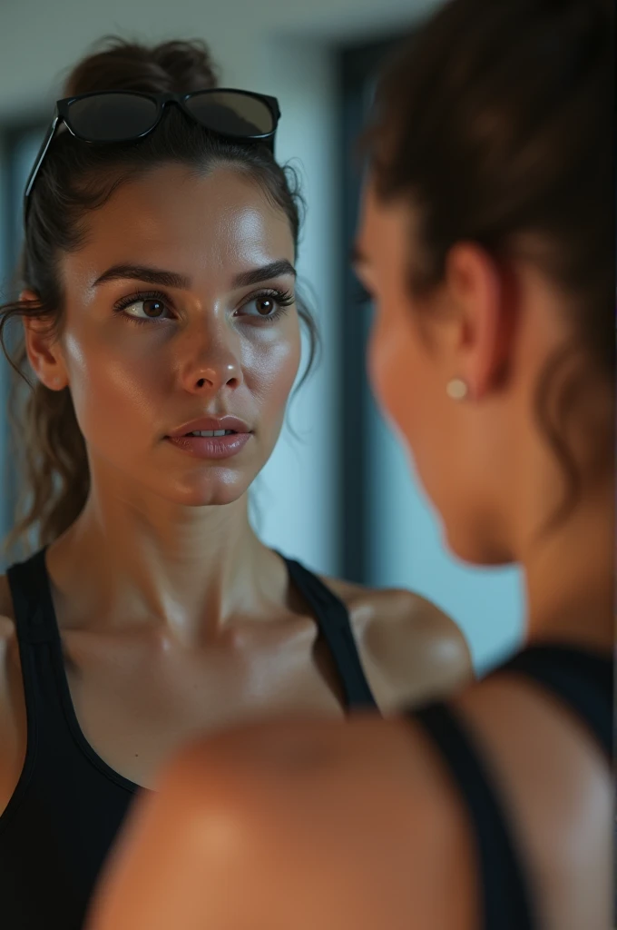 Create the image of a woman exercising who is very doubtful about her face that is hyperrealistic 