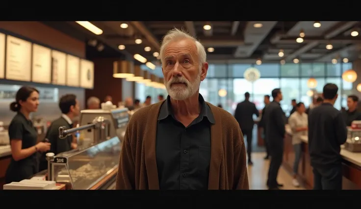 Man in a black shirt and brown sweater over 61 years old standing looking at the cashiers in a Starbucks in front of the cashiers