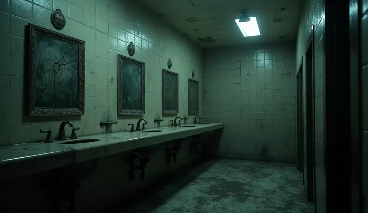 cinematic image of an abandoned school bathroom with dusty mirrors very sinister