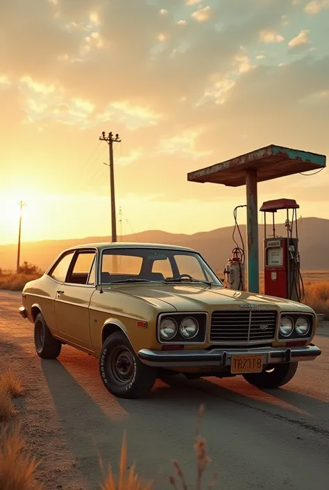  create a realistic image of a crossover car in good condition parked at an abandoned gas station , Where the weather didn't show up friend .  The midday sun burned warmly ,  painting the sky a pale orange .  The twisted and rusty metal of the gas pumps to...