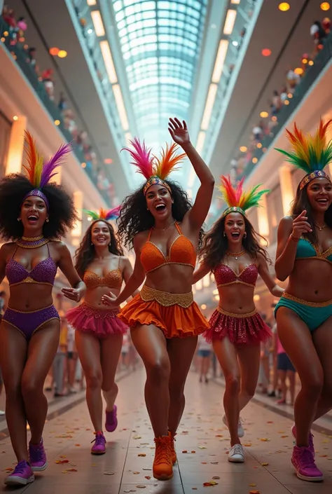  generate an image of young adults dancing carnival at the mall in Brazil,  with many colorful carnival props , decoration, image focusing on people 
 