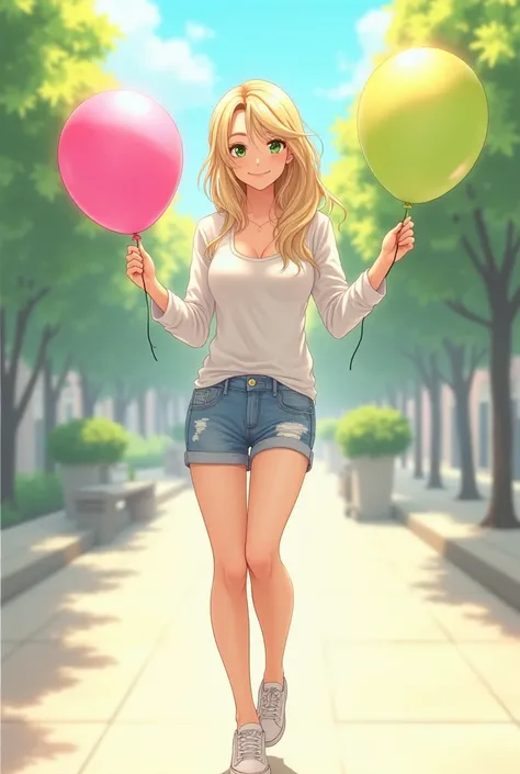  Green-eyed blonde white shirt short jeans all-white sneakers with a pink balloon and a green balloon in her hands smiling cheerfully