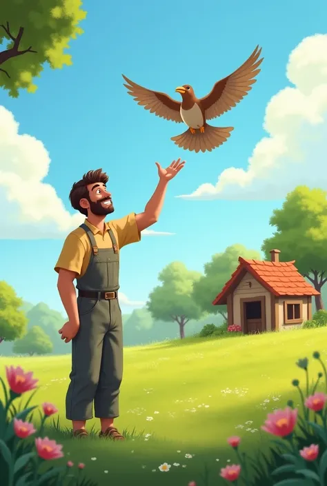 
"A bright spring morning in a lush green field. The farmer stands outside his hut with a smile, holding the now-healthy sparrow in his hands. The bird is flying away with open wings towards the clear blue sky. The background shows blooming flowers, trees,...