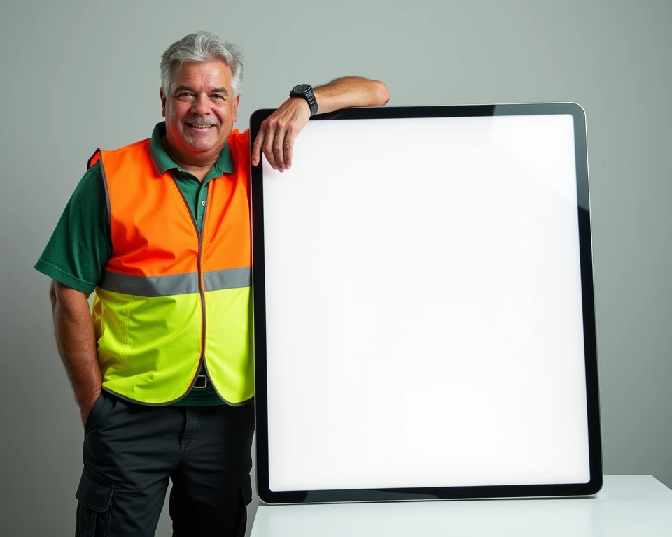 create the mock up: A middle  edge man, age 43-45 years old, with  12 kilo overweight and average height with silver hair
wearing  a hi vest  and silver reflective stripes crossing the vest with orange top and neon yellow bottom  wearing over green work  p...