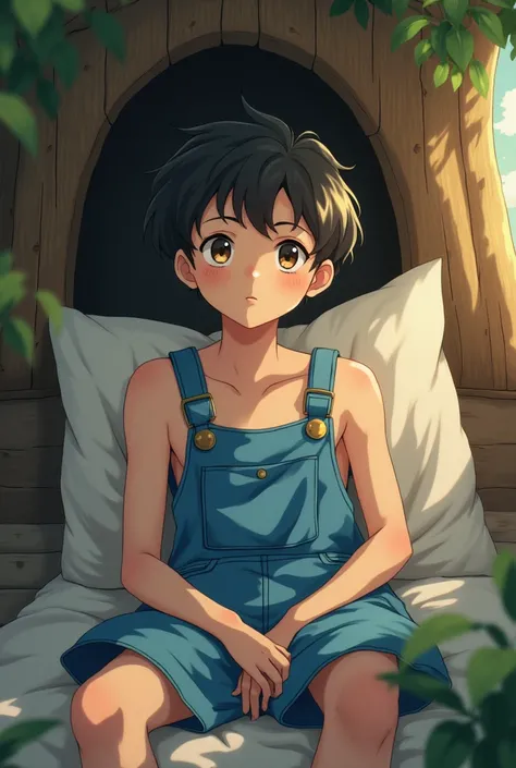 A boy contented relaxing wearing his mother's oversized overalls shirtless unmentionables inside treehouse Sailor Moon style