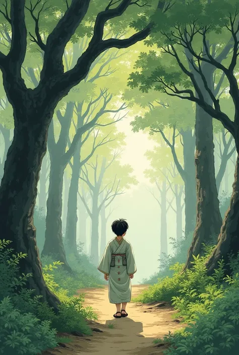 Create a literary illustration-style drawing made with gouache paint of a 15-year-old Japanese boy walking in the forest in 15th century Japan.