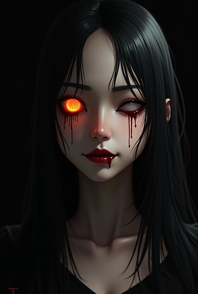 A girl that is 19 years old one of her eyes is demon orange eye the other is closed the girl also has a black long hair and she is nothing blood drips from her eyes and she is also laughing and also you can see her full body and she is also sucking a man d...