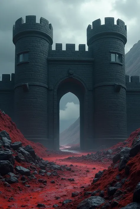 An entrance to a fortress made of black stones, medieval red soil with lava banks, mysterious and cruel climate full of vigilance. 