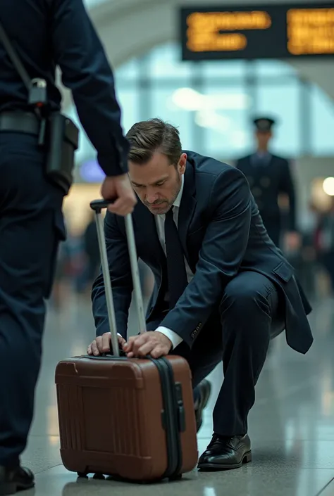 The real image of a man in a suit and tie and wearing a collar crouched sniffing out a suitcase, being pulled by another policeman in a brown uniform, Inside an airport 